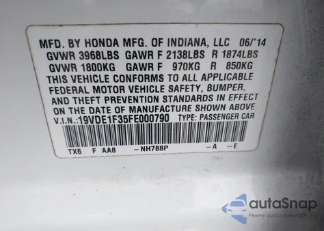 2015 Acura Ilx 2.0L из США, поврежденный, VIN 19VDE1F35FE000790